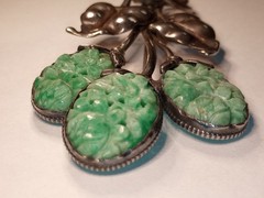 Vintage Chinese Carved Jadeite 3 Flowers Sterling Silver Leaves Brooch Jade Pin