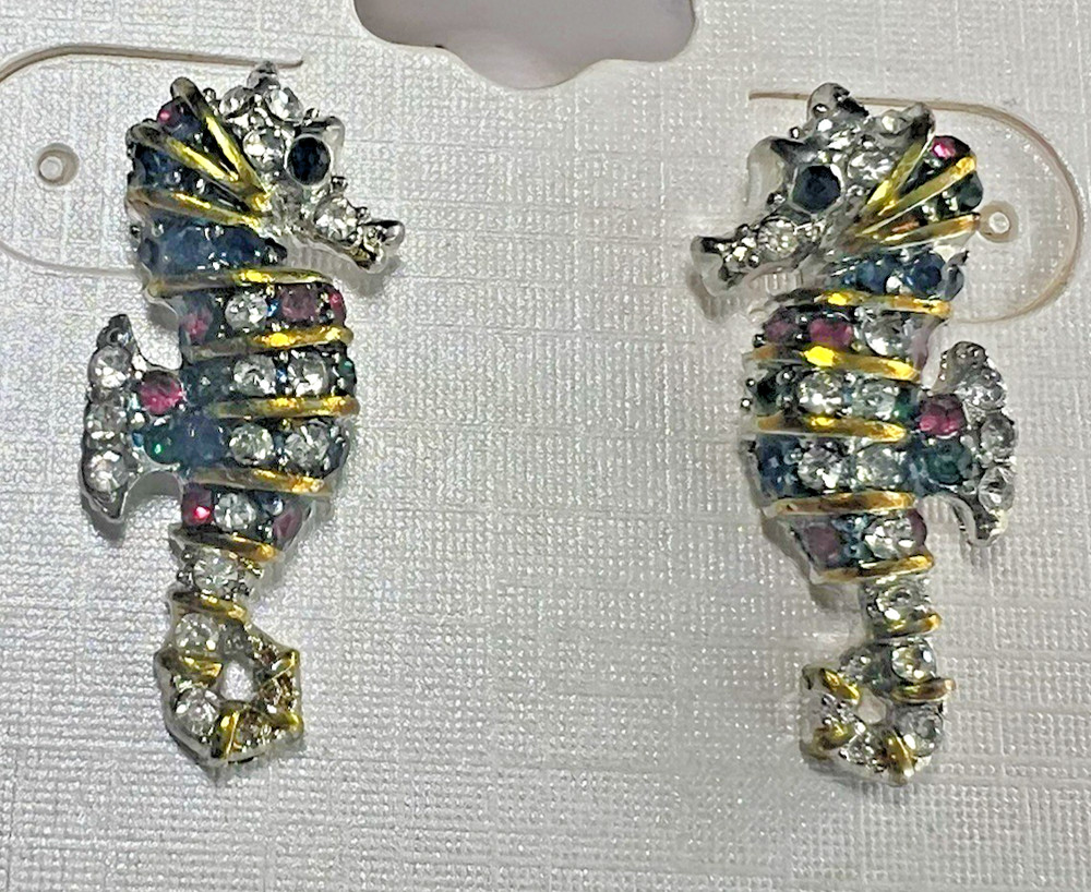 Vtg Seahorse Earrings Silver & Gold Tone Multi-color pierced Crystal Ave NOS
