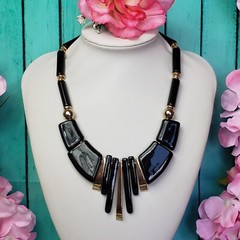 Vintage JAPAN Black Lucite Bead Choker Gold Tone Mid Century Statement Necklace
