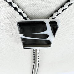 Stunning Vintage Black & White Artist Signed Fused Glass Western Bolo Tie