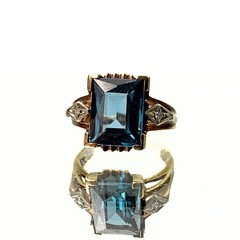 Antique Art Deco Marked 10K Emerald Cut Blue Topaz Diamond Ring Sz 4