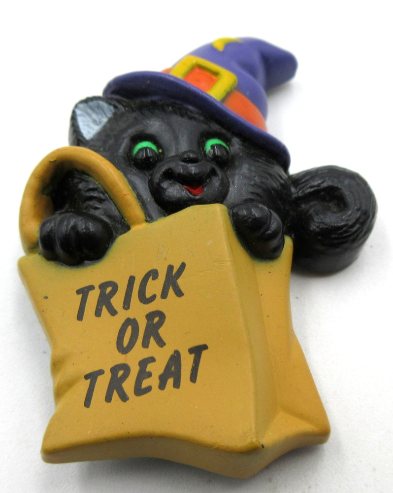 VTG SIGNED RUSS Halloween BLACK CAT purpl moon HAT TRICK OR TREAT BAG Pin brooch