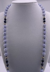 Vintage Blue Lace Agate & Lapis Beaded Necklace 14K Gold Clasp 30in