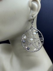ESTATE SILVER TONE FAUX PEARL DREAM CATCHER LOOP HOOP WIRE DANGLE EARRINGS