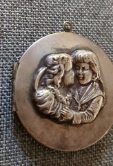 Antique Silver Tone Photo Locket Pendant Raised Silverwork Boy Girl Sweethearts