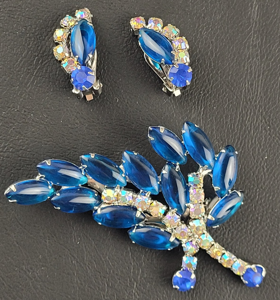 Vintage Blue AB Rhinestone Brooch and Earring Set