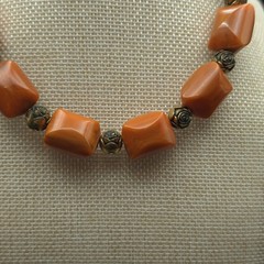 Vintage Orange Amber Bakelite Chunky Geometric Floral Bead Necklace Tested 15.5″