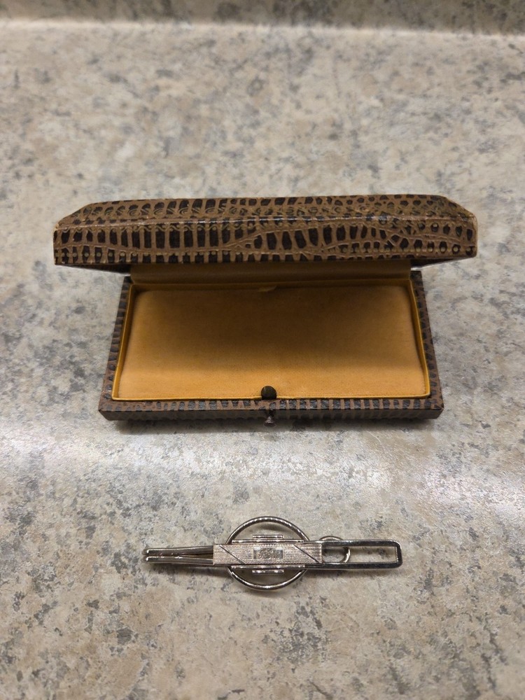 Antique Silver Tone Art Deco Tie Bar Engraved “TEL” Pre 1920 w/Faux Lizard Case