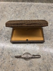 Antique Silver Tone Art Deco Tie Bar Engraved “TEL” Pre 1920 w/Faux Lizard Case