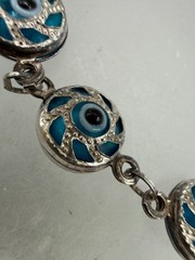 ESTATE STERLING SILVER SWIRL EVIL BLUE EYE BEAD GOOD LUCK LINK BRACELET