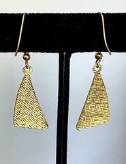 Vintage Art Deco Coral & Cream Fan Enamel Dangle Earrings Geometric Gold Tone