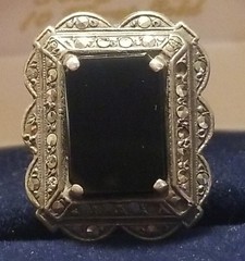 Antique Victorian Mourning Ring, Size 3, Black Onyx Marcasite And Silver