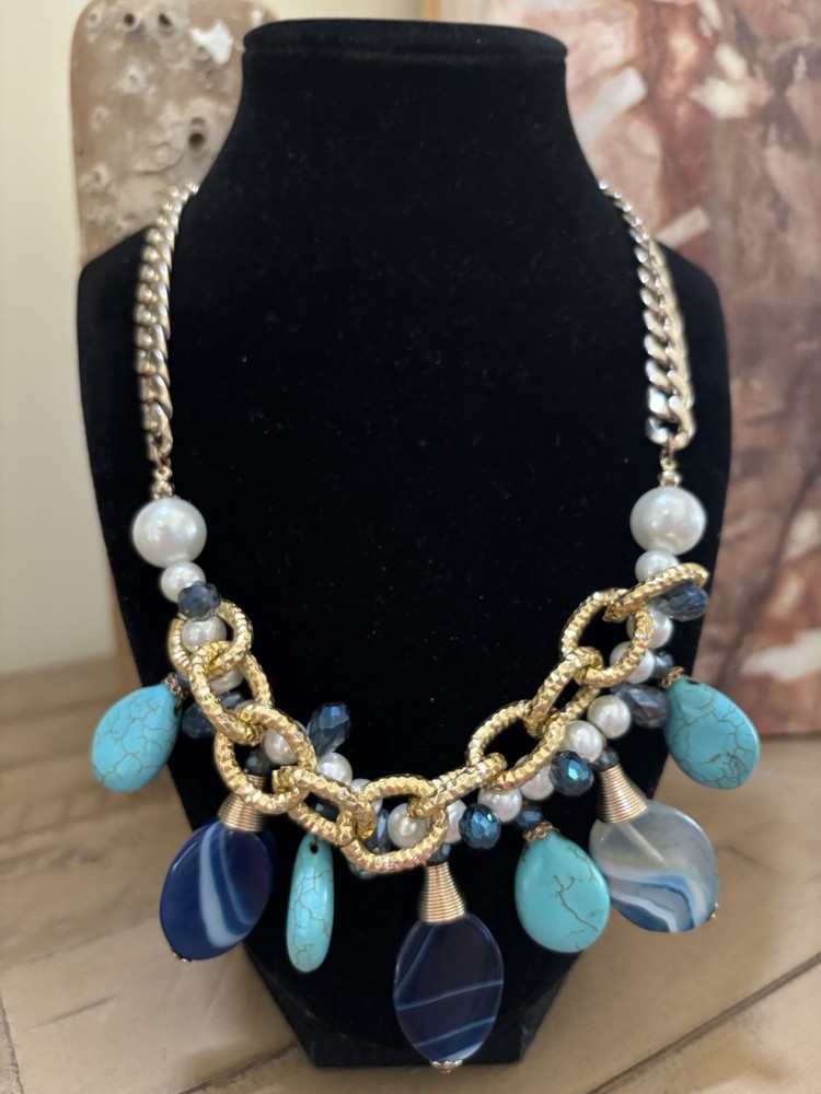 Vintage Statement Necklace Goldtone W Glass, Stones, Acrylic & Faux Pearls