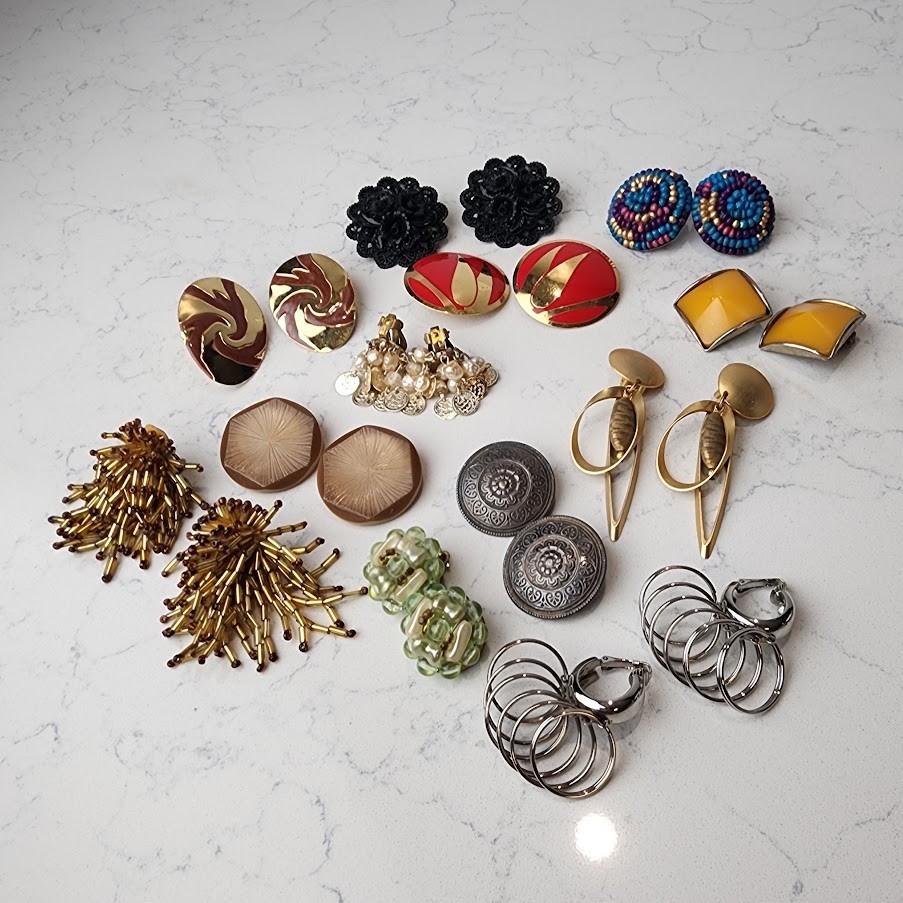 Vtg Clip-On Earrings Lot of 12 Pair Plastic Acrylic Metal Upcycle Craft Retro