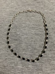 Vintage Sterling Onyx Cabochon & Cubic Zirconia Link 16” Tennis Necklace