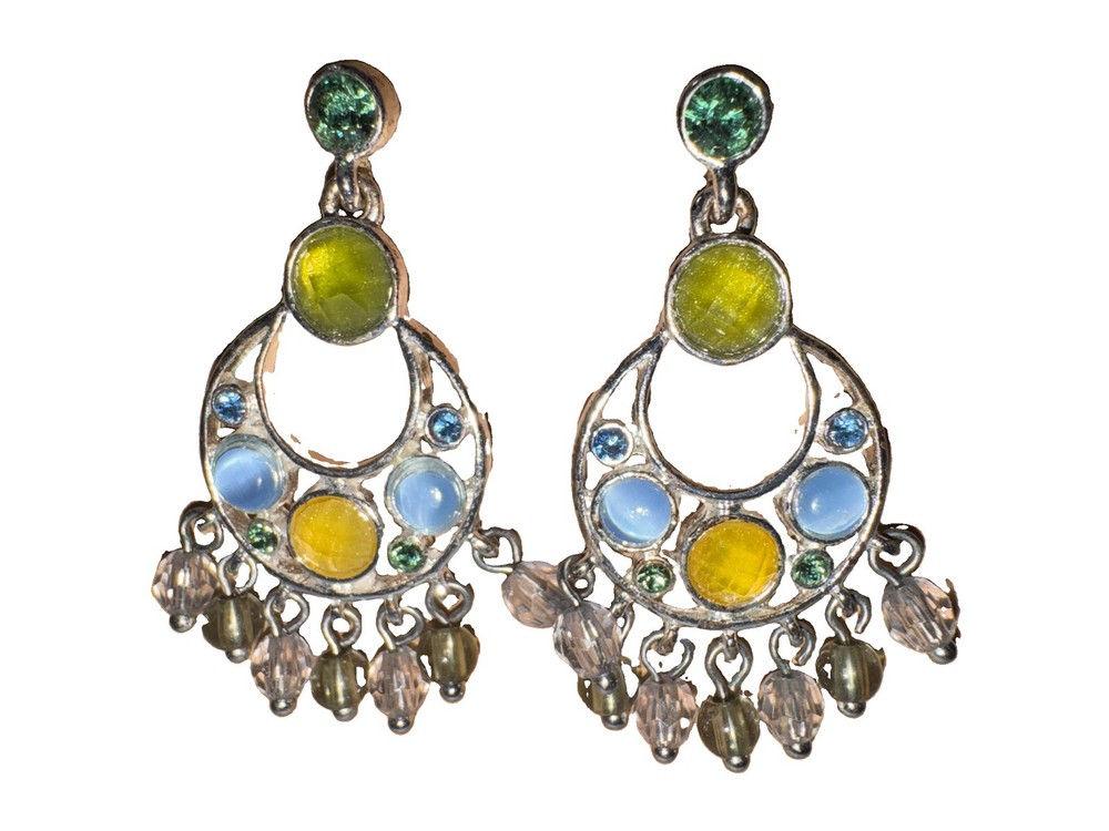 Vintage Silver Pierced Earrings with Light Blue, Yellow & Lavender Crystals