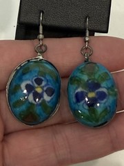 Old Rostov Finift (?) Silver & Hand Painted Domed Porcelain Dangle Earrings