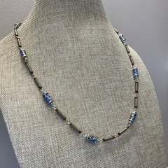 Vintage blue and gray acrylic bead necklace with spring ring clasp