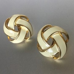 Vintage NAPIER Clip On Screw Back Earrings Gold Tone Cream Enamel Love Knot