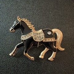 Rhinestone And Black Horse Brooch
