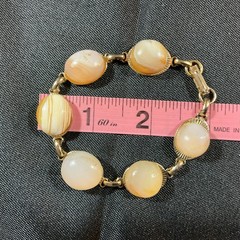 Vintage peach agate striated cabochon boho stone link bracelet, approx 6.75 in