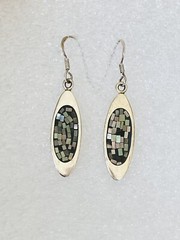 Vintage Sterling Silver Abalone Mother Of Pear Mosaic Oval Dangle Hook Earrings