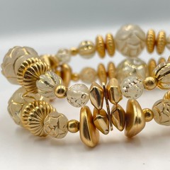 Vintage Y2K Gold Tone Clear Frosted Lucite Beaded Multi Layer Wrap Cuff Bracelet