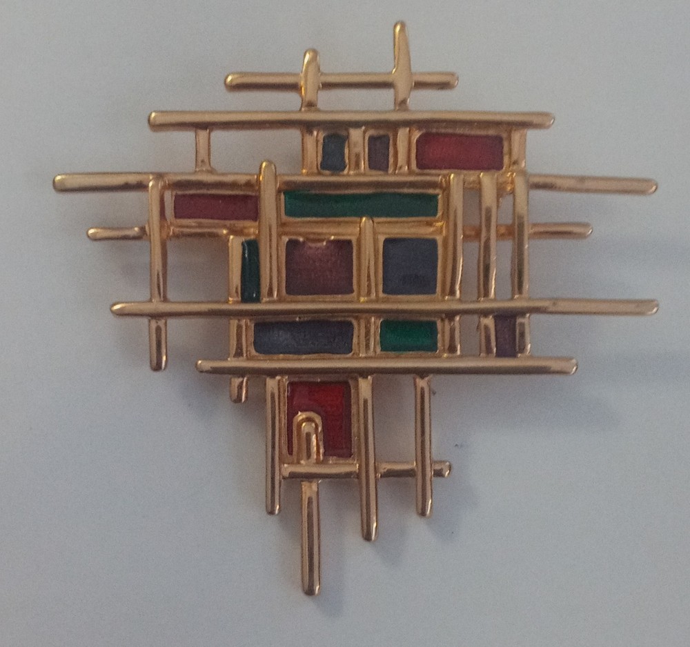 Vintage Lady Remington LR Enamel Brooch Rainbow Abstract 80’s Brutalist