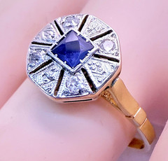 Vintage 18ct Yellow Gold Sapphire Diamond Ring Art Deco Octagonal Size 8