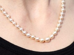 Single Strand Pearl Necklace with Sapphire, Diamond and 12k White Gold Clasp