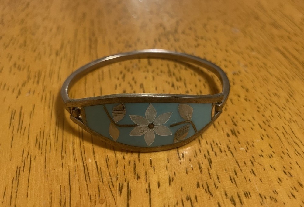 VTG Alpaca Mexico Hinged Bangle Mother Of Pearl Abalone Flower Inlay Blue Enamel