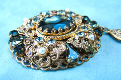 Vintage West Germany Filigree Smoky Gray Rhinestone Faux Pearl Necklace