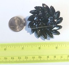 Vintage Japanned Domed Round Black Glass Stone Brooch w Swirl Outer Edge 2″