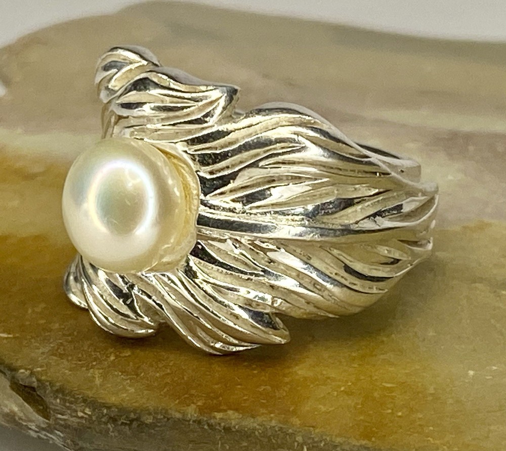 Vintage Large Sterling Silver 925 Leaf 9mm Cultured Pearl Statement Ring SZ 7.5