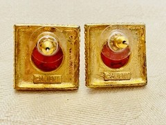 Designer M Jent Signed Faux Round Coral Cab Gold Tone Square Pierced Earrings