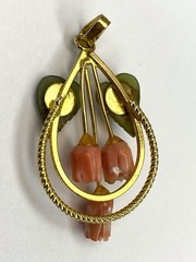 MCM Carved Faux Coral & Jade Necklace Pendant Tulip Flowers Leaves Double Hoop