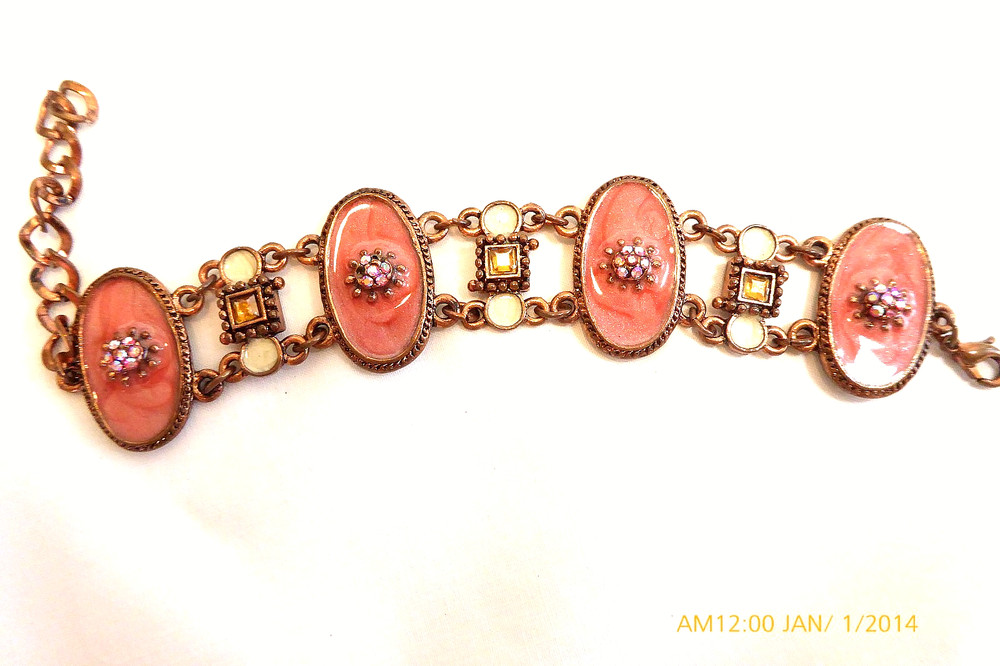 VINTAGE ART NOUVEAU ENAMEL RHINESONE COPPER BRACELET
