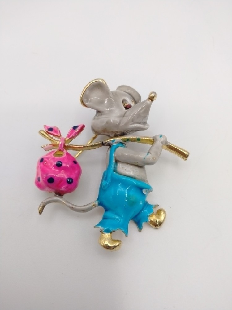 Vintage Lind Gal LG Enamel Mouse Brooch Gold Tone Running Away
