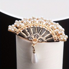Vintage Classical Dripping Oil Cut-out Pearl Fan Brooch Jewelry Gift Accessories