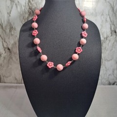 Vintage Handmade Women’s Necklace Pink Cotton Candy Natural Stones, Faux Pearls