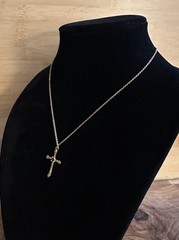 Gold Tone Cross Pendant Necklace – Simulated Amethyst Center on 15.5–17.5” Chain