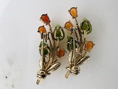 SET Vintage “SWOBODA” Coral Flowers & Jade Leafs Gold Plated Brooch Pin