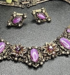 Vintage SELRO SELINI Gold Tone Purple Necklace & Earrings Book Piece Set
