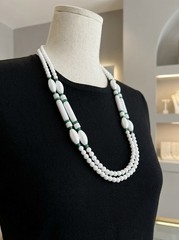 Vintage Trifari ? Lucite White And Green Beaded Necklace Silver Tone Clasp