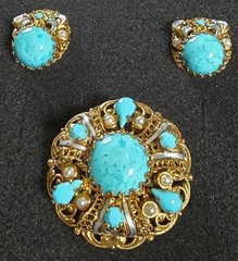 West Germany Faux Turquoise & Pearls Gold Tone with Enameling Brooch & Earrings