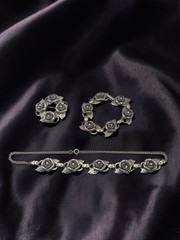 3 Piece Set Vintage Silver Tone Roses W Rhinestones Necklace Bracelet Brooch