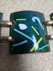 Vintage MCM Bracelet Enamel on Copper 1.75″ Wide 4 Panel Modern Green Artisan