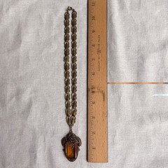 Antique Czech Amber Glass Filigree Pendant Necklace Rhinestone Chain Art Deco