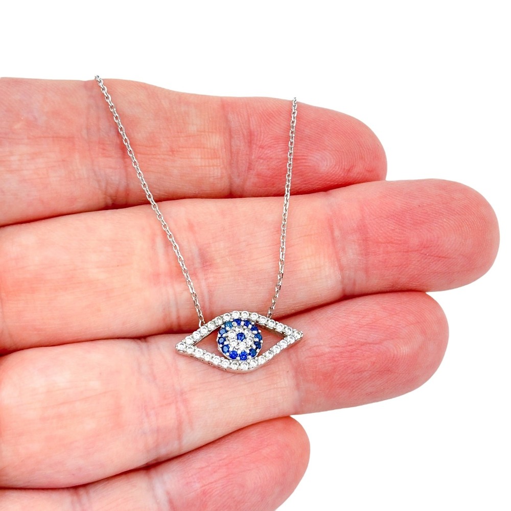 White Blue Crystal Evil Eye Necklace | Vintage Sterling Silver 925 | 16″-18″