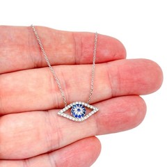 White Blue Crystal Evil Eye Necklace | Vintage Sterling Silver 925 | 16″-18″